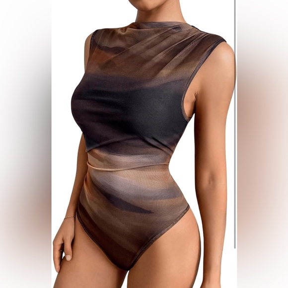 Tie Dye Cowl Neck Sleeveless Ruched Mesh Skinny Bodysuit Tank - Picture 3 of 13